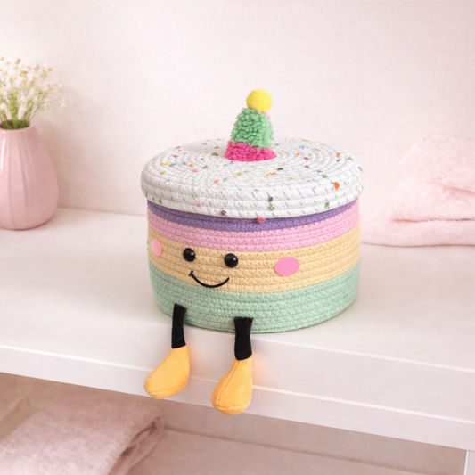 Cute pastel storage box with smiling face and dangling legs, decorative woven organizer for shelves or nursery.