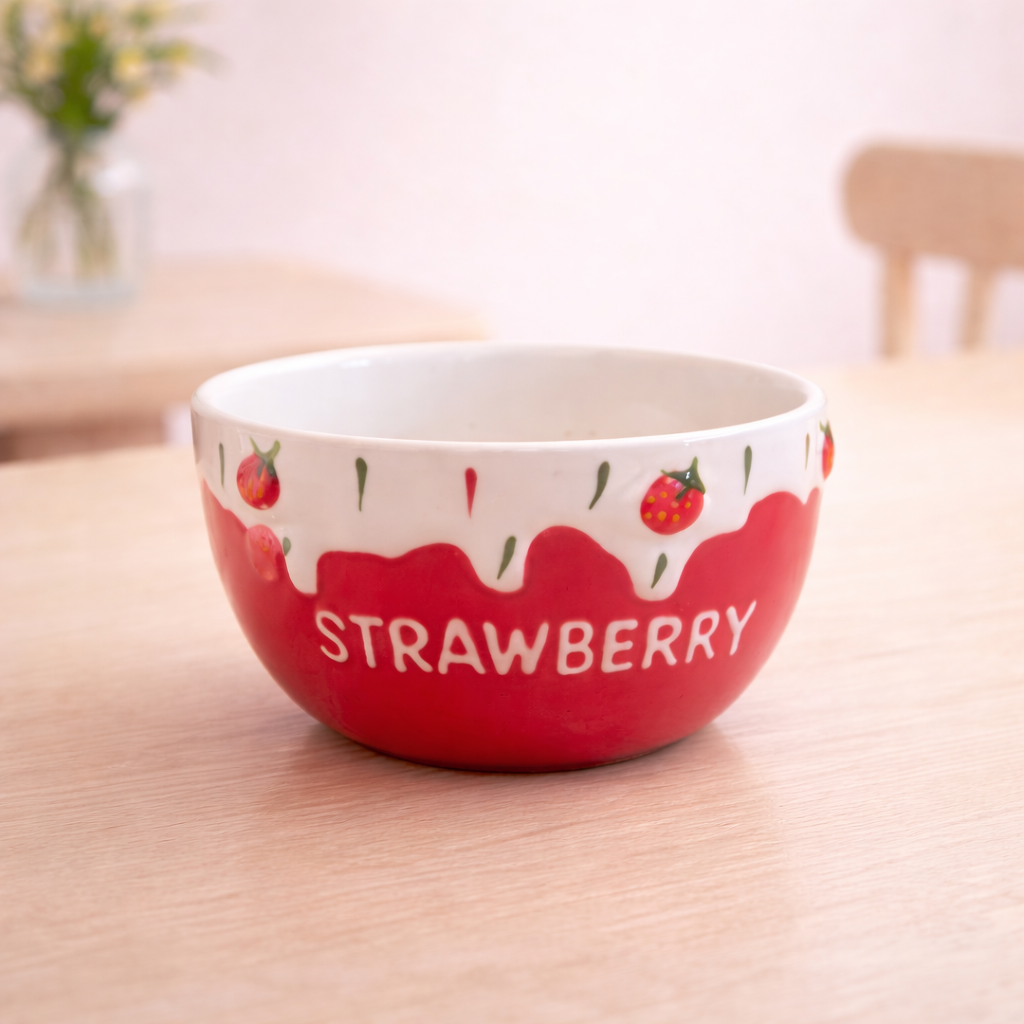 Strawberry-themed ceramic bowl with red glaze, white drip detail, and “STRAWBERRY” text, cute dessert-style tableware.