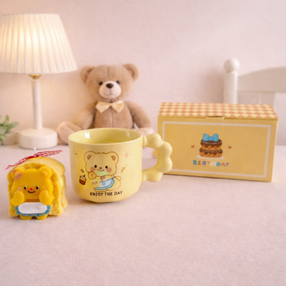 Cute sandwich bear candle and mug set with matching box, kawaii gift set for desk decor, coffee, or cozy moments.