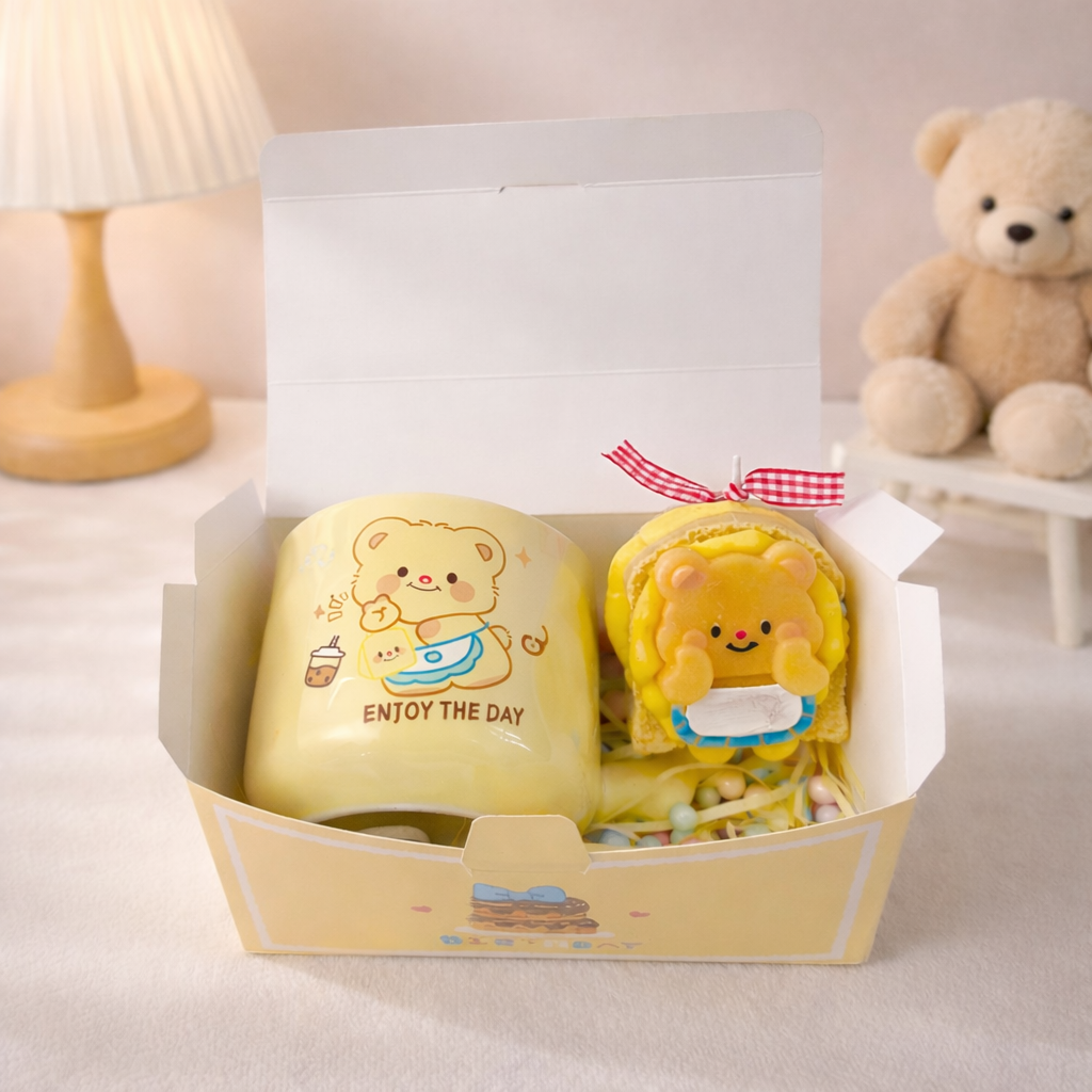 Sandwich bear candle and mug gift set in yellow box, cute kawaii desk decor and cozy coffee gift set.