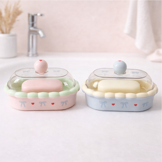 Pastel plastic soap holders with clear lids, cute bathroom accessories for keeping soap clean and dry.
