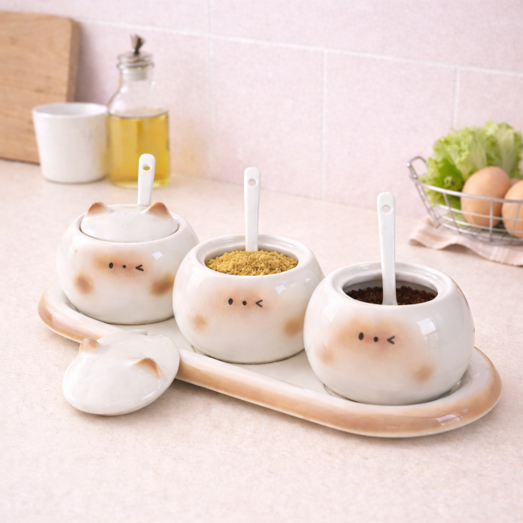 Siamese cat spice jars with lids and tray, cute ceramic seasoning containers for kitchen or countertop.