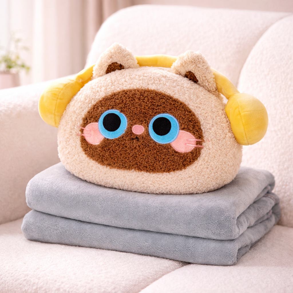 Cute plush animal pillow with big embroidered eyes on a soft folded blanket, cozy kawaii pillow and blanket set.
