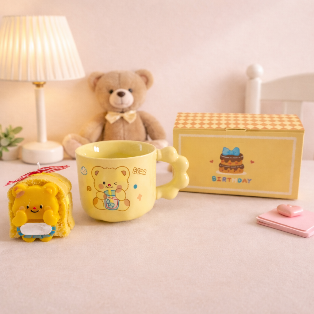 Cute sandwich bear candle and mug set with matching box, kawaii gift set for desk decor, coffee, or cozy moments.