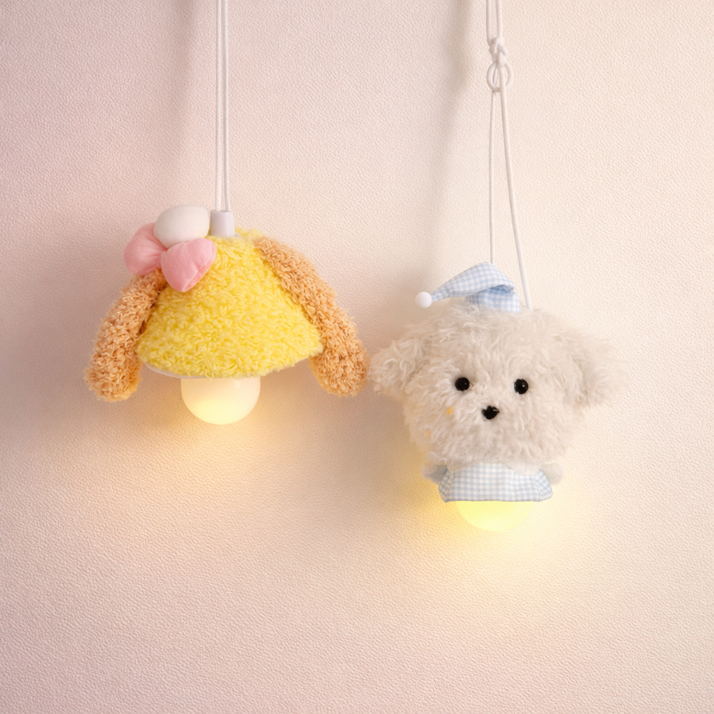 Cute plush wall hanging lamps with soft LED glow, kawaii animal night lights for bedroom or nursery decor.