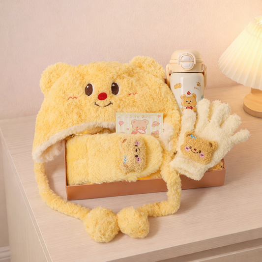 Winter bear gift set with plush hat, scarf, gloves, and bottle, cute cozy accessories set for cold weather.