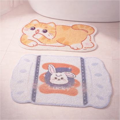 Cute cartoon animal bath mats with cat and bunny designs, soft non-slip bathroom mats for sink or tub area.