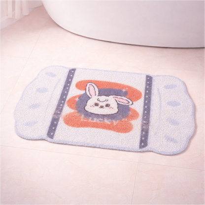 Cute bunny-themed bath mat with soft fabric and non-slip backing, playful bathroom rug for sink or tub area.