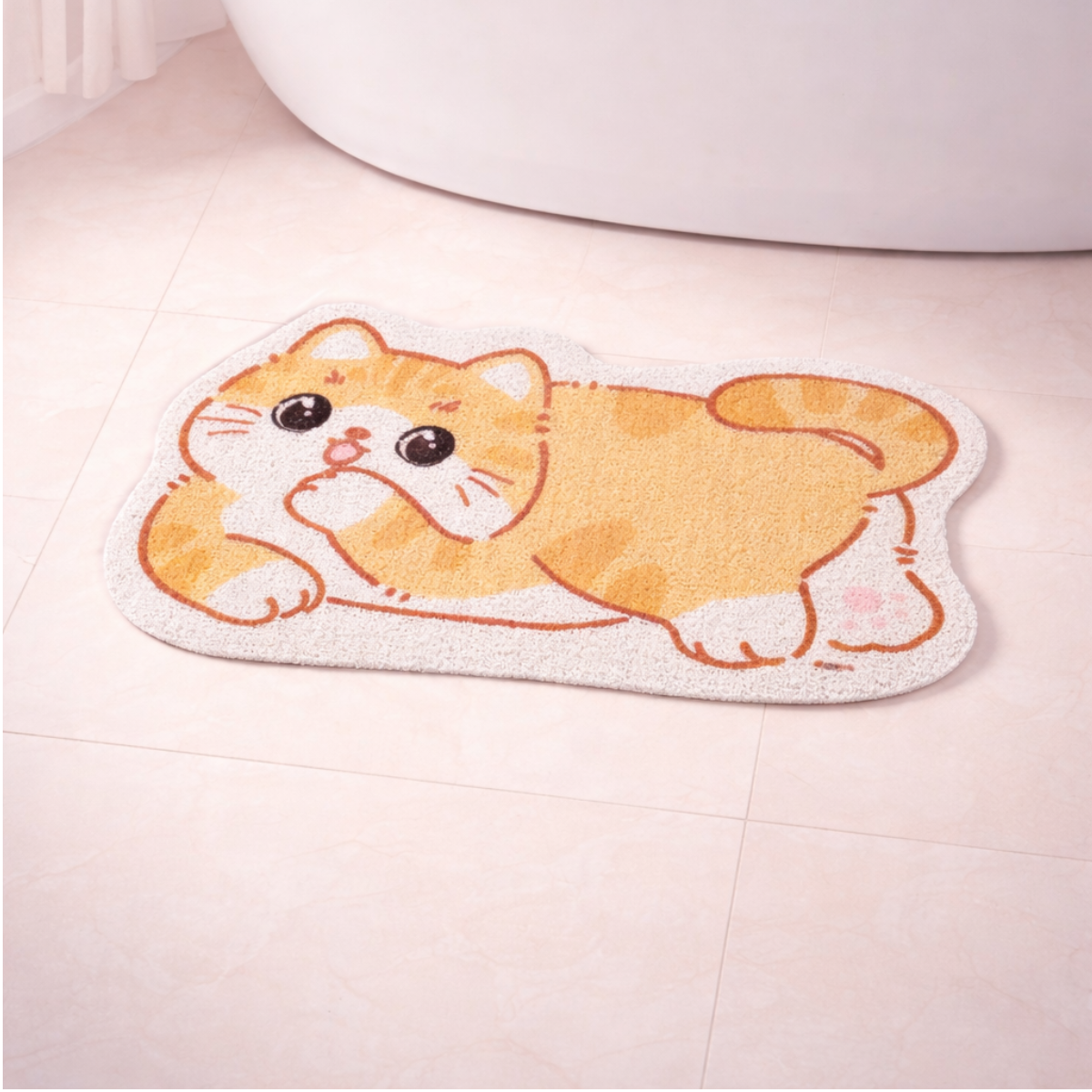 Cute cat-shaped bath mat with soft fabric and non-slip backing, playful bathroom rug for sink or toilet area.