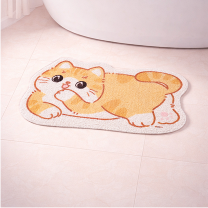 Cute cat-shaped bath mat with soft fabric and non-slip backing, playful bathroom rug for sink or toilet area.