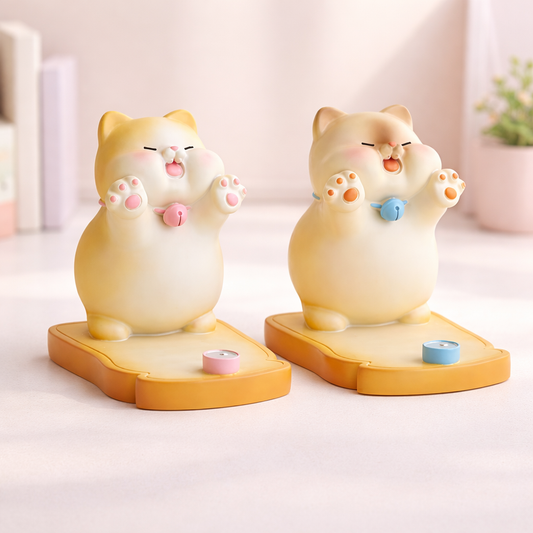 Cute chubby cat phone stands with raised paws and pastel details, kawaii animal phone holders for desk or bedside.