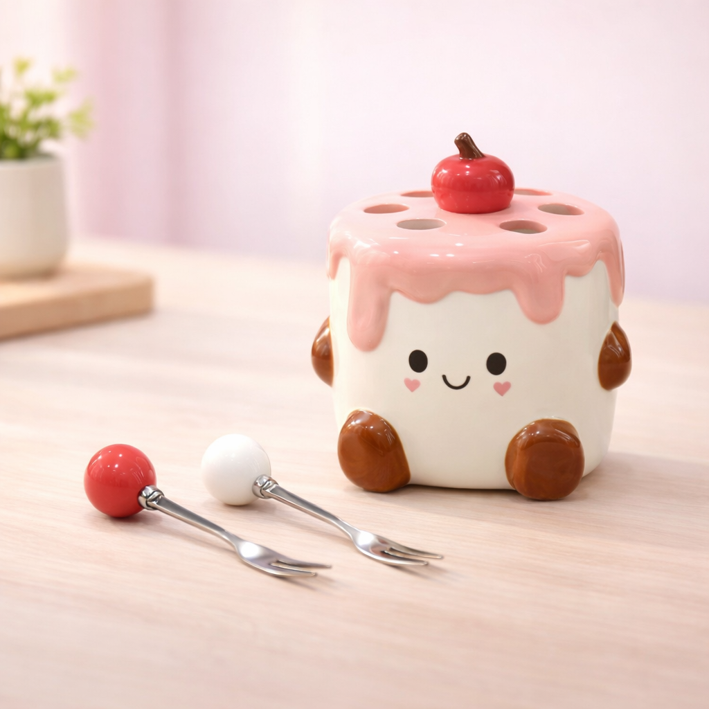 Porta forchettine in ceramica rosa a forma di torta con faccina sorridente, contenitore kawaii per stuzzicadenti e mini forchette da dessert.
