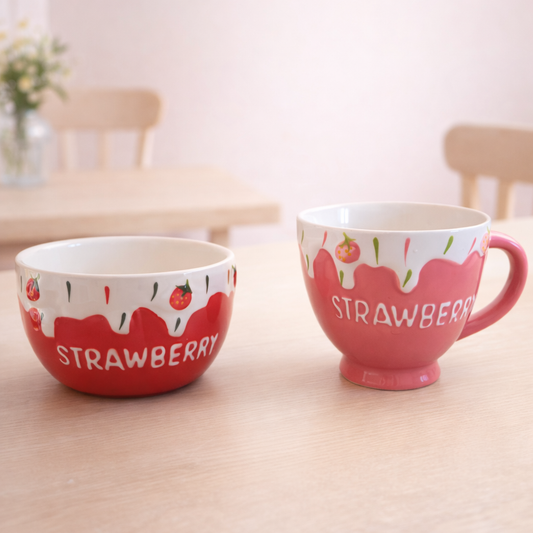 Strawberry-themed ceramic bowl and matching cup with red drip design, playful kawaii tableware set for desserts or drinks.