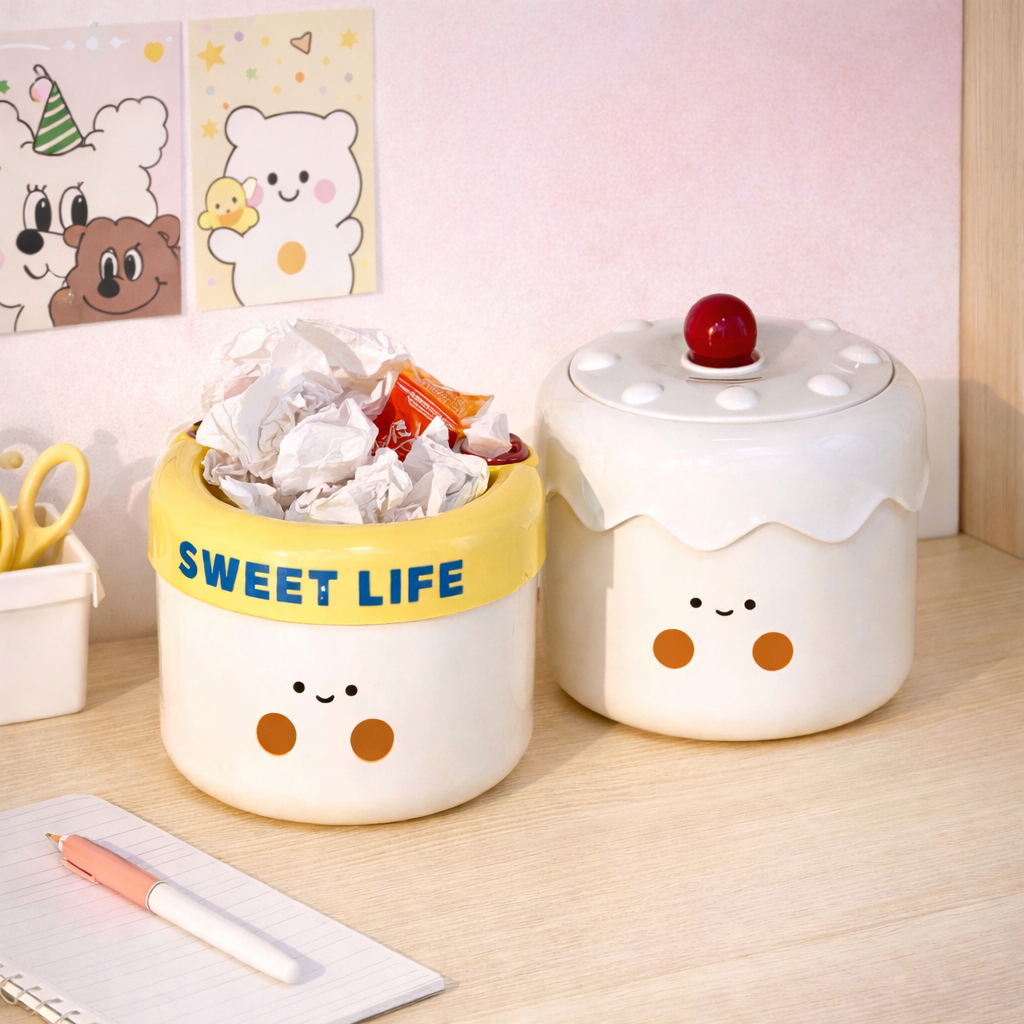 Cute desk storage bins with cartoon faces, kawaii desktop organizers for stationery, trash, or small items.