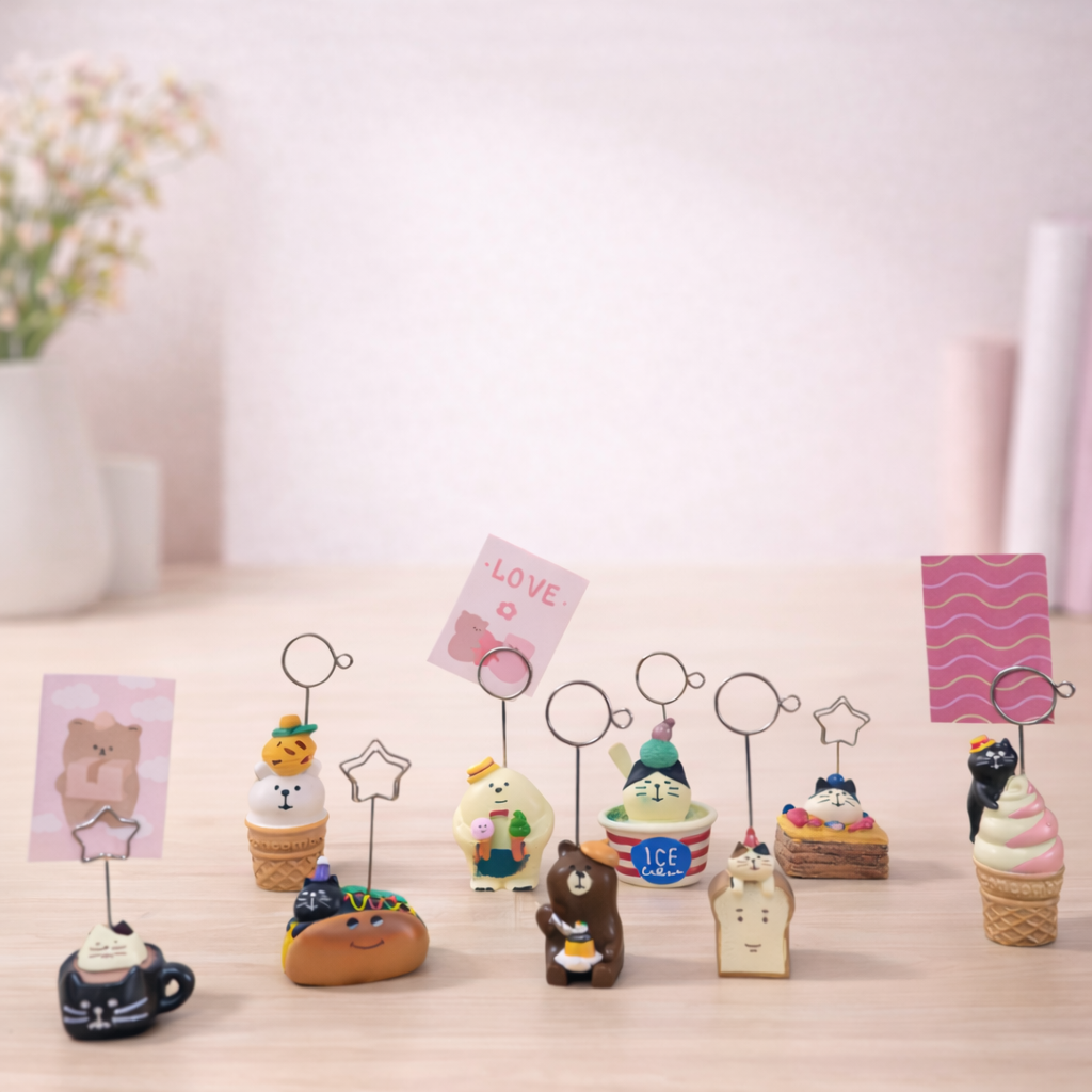 Cute animal memo holders with metal clip stands, kawaii desk card and photo holders for notes or reminders.