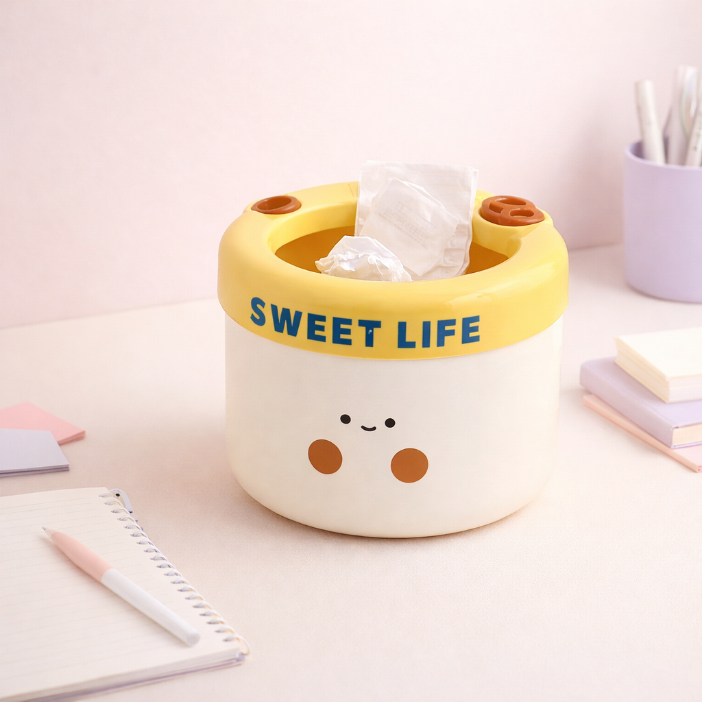 Cute desktop trash bin with smiling face and “Sweet Life” design, kawaii desk organizer for small waste or storage.