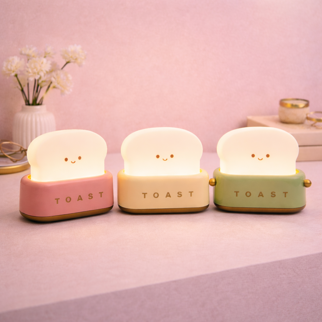 Cute toaster-shaped desk lamps with smiling faces, pastel LED night lights for desk, bedside, or decor.