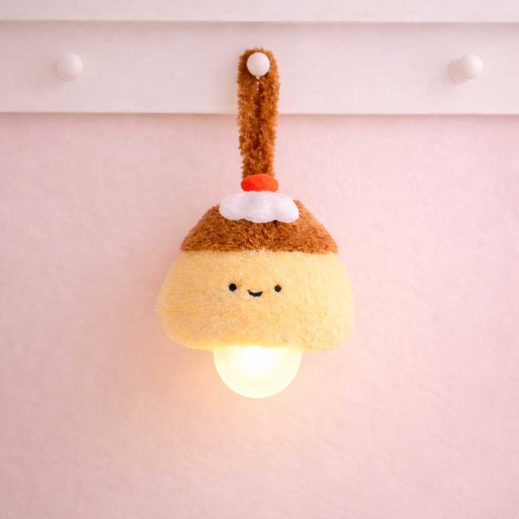 Cute yellow pudding plush hanging lamp with smiling face, soft kawaii night lights for bedroom or nursery decor.