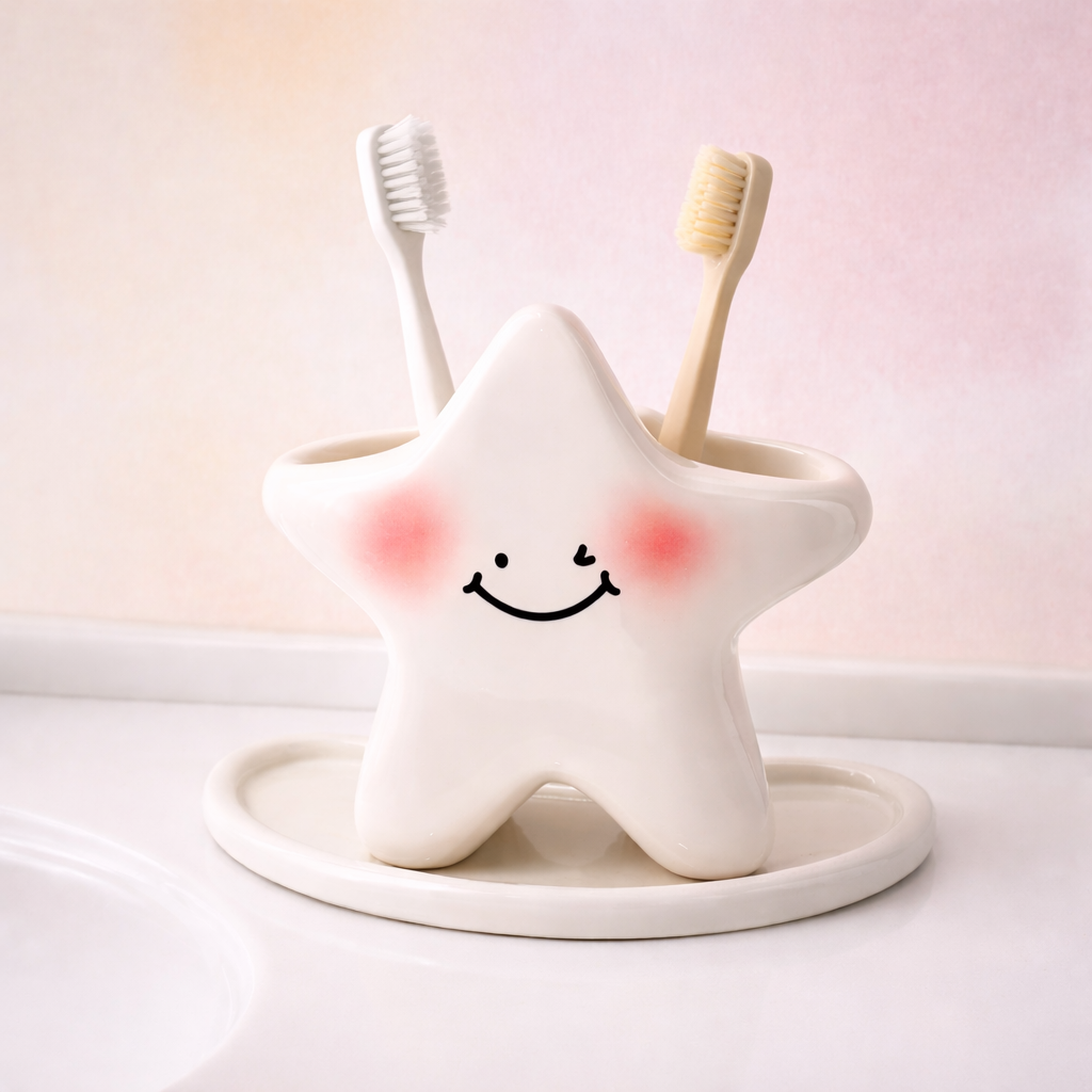 Star-shaped toothbrush holder with smiling face, pastel bathroom organizer for cute and minimal decor.